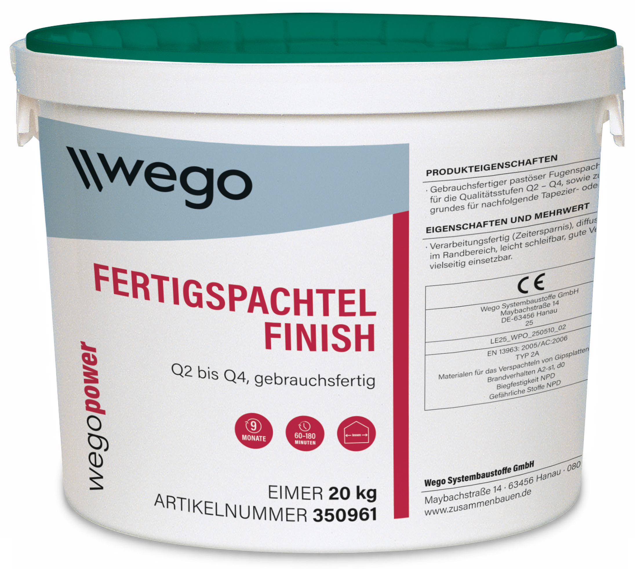 WEGO POWER FERTIGSPACHTEL FINISH 20 KG/EIMER, GRÜNER DECKEL Q2 BIS Q4, GEBRAUCHSFERTIG